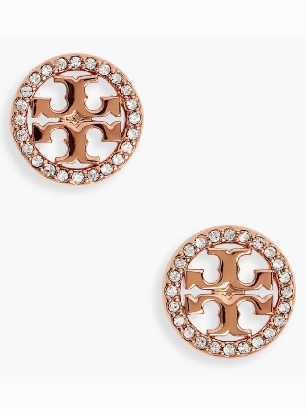 Tory Burch Miller Crystal Logo Stud Earrings Rose Gold Tone Double T Pavé Circle